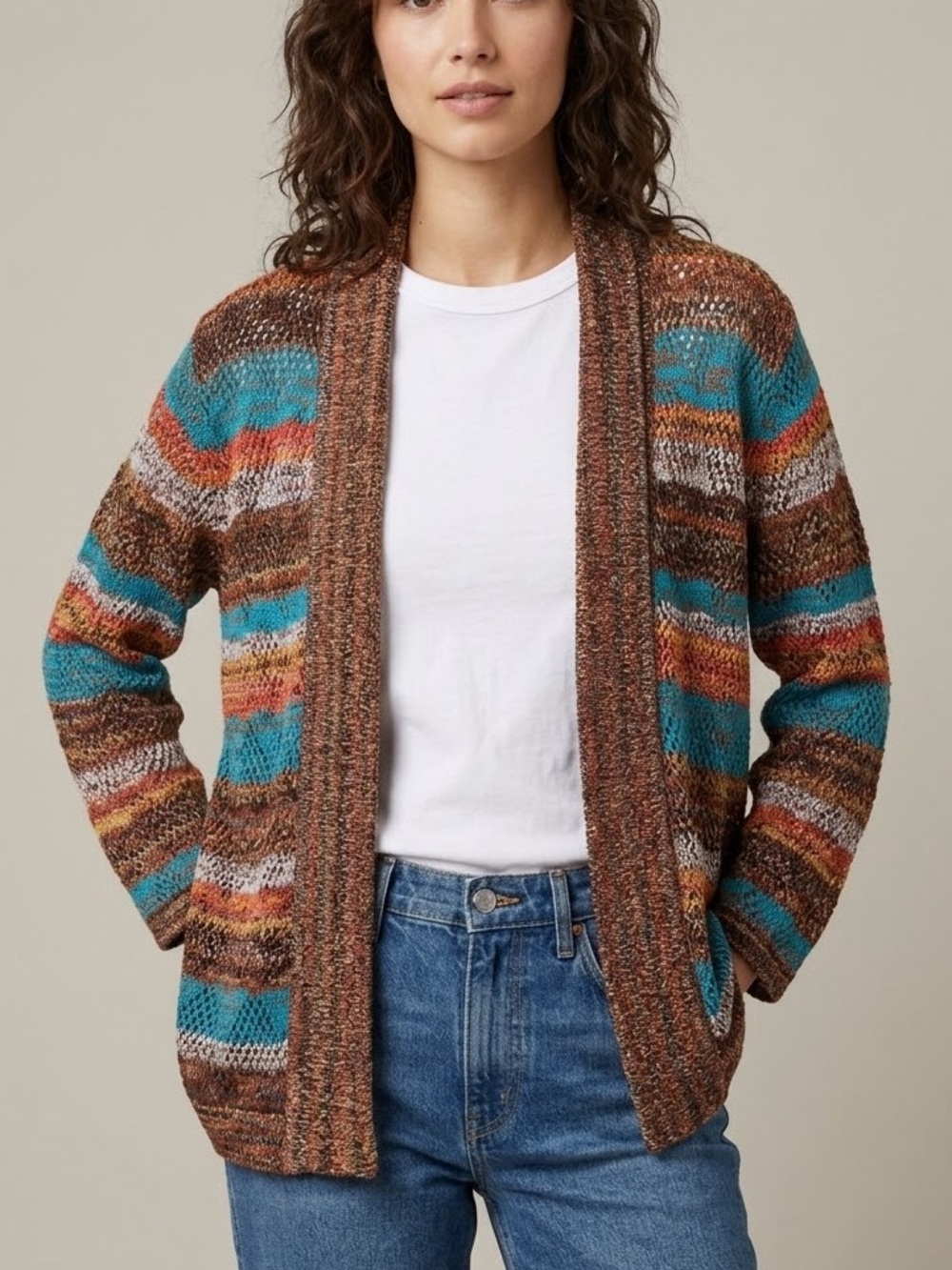 ALFRED DUNNER Open Cardigan Sweater Boho Southwest Earthy Stripes Women’s Large
